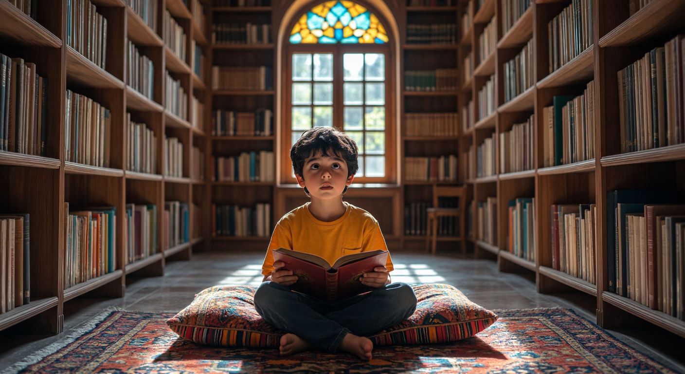 A young boy with dark hair sits cross-legged on a colorful floor cushion in a sunlit Turkish library, surrounded by towering wooden bookshelves, his eyes wide with wonder as he holds an open book, lost in imagination.