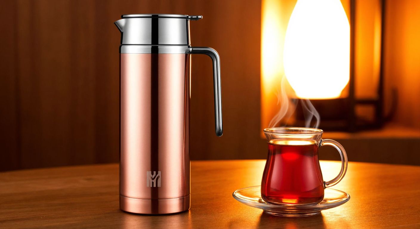 A sleek copper-colored WMF thermos sits on a wooden table beside a steaming cup of Turkish tea, with warm light casting a cozy glow over the scene.