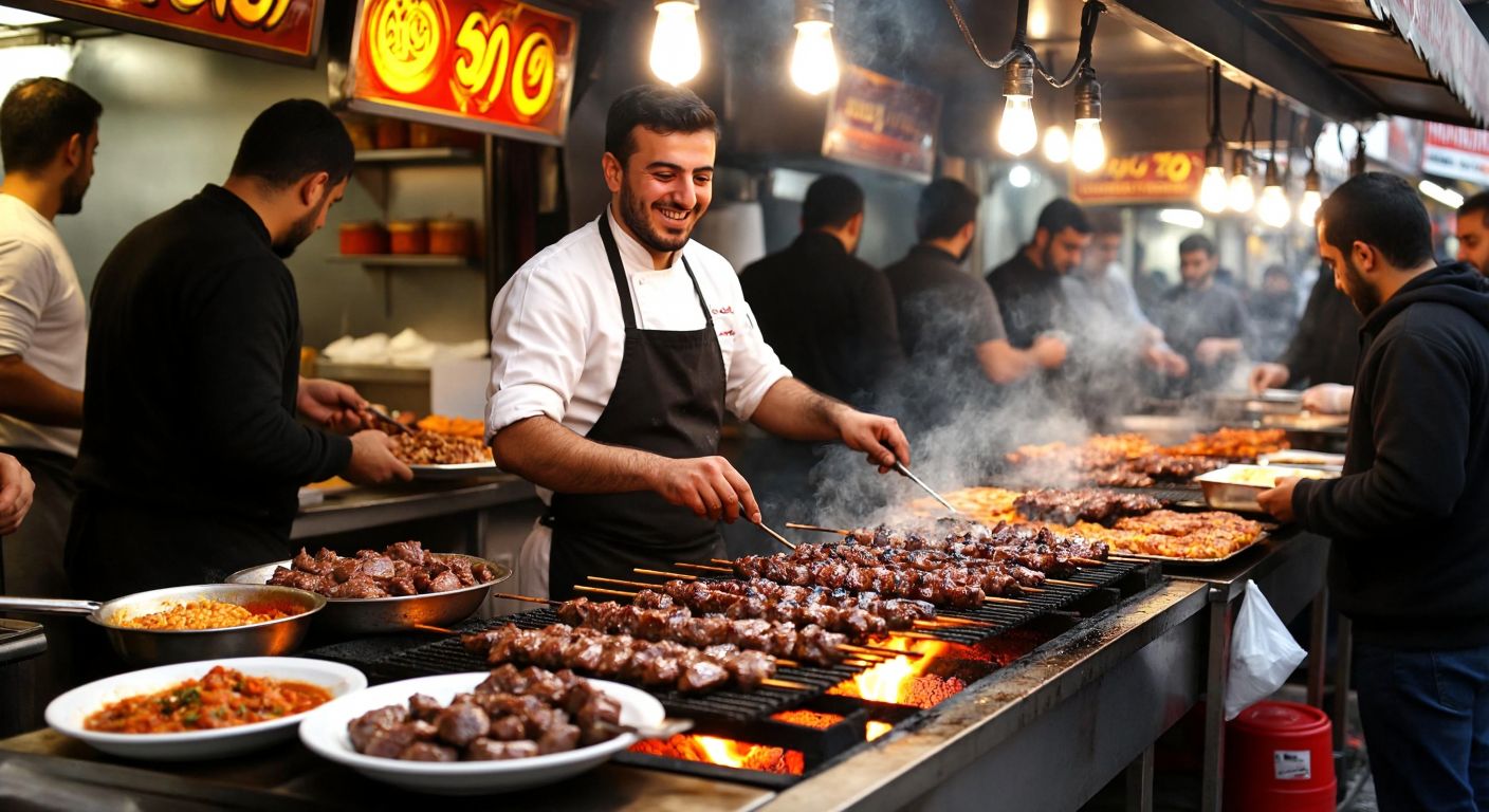 A bustling Turkish street food stall with a smiling chef grilling golden-brown liver kebabs over glowing charcoal, surrounded by eager customers holding plates and the aroma of sizzling meat filling the air.