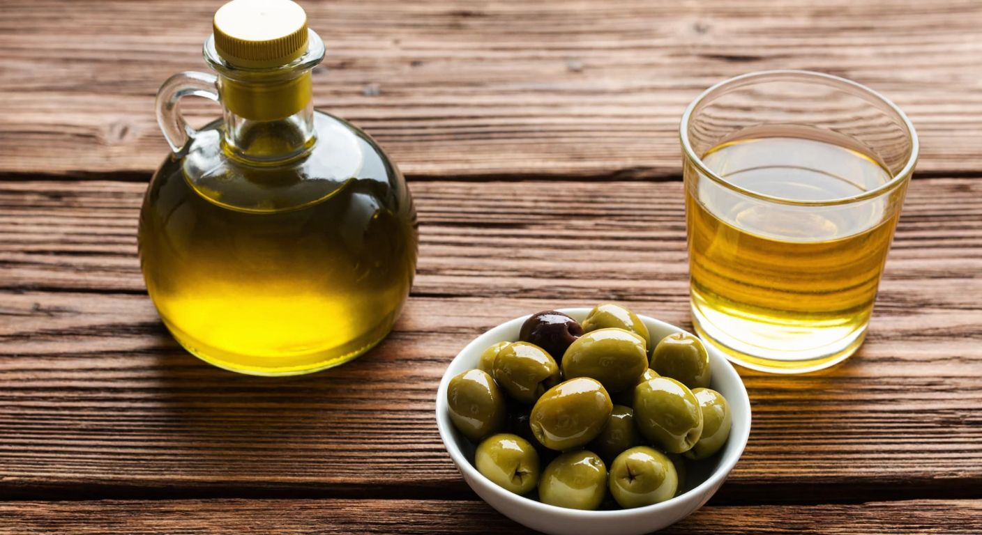 A golden olive oil bottle with a green label sits on a rustic wooden table beside a small bowl of fresh olives and a glass of warm water with oil droplets forming bubbles on the surface.