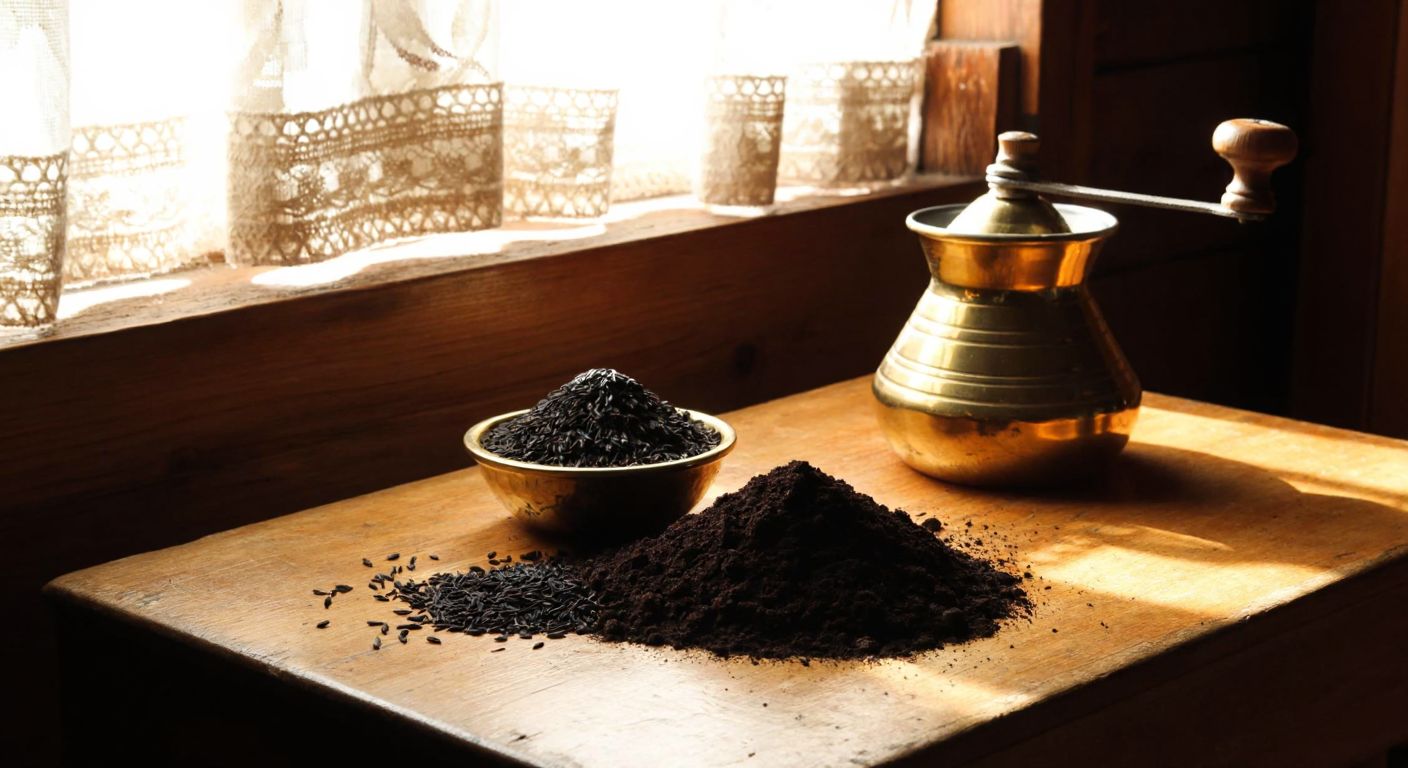 A rustic wooden table in a Turkish kitchen holds a small bowl of black cumin seeds, a traditional brass coffee grinder, and a scattering of freshly ground dark powder, with warm sunlight streaming through a lace-curtained window.