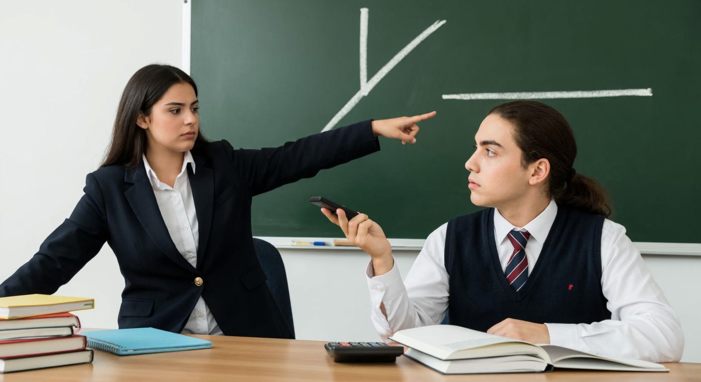 A focused Turkish teenager in a school uniform sits at a wooden desk, surrounded by stacked notebooks and a calculator, while a teacher points to a chalkboard with a simple division symbol drawn on it, both looking determined.