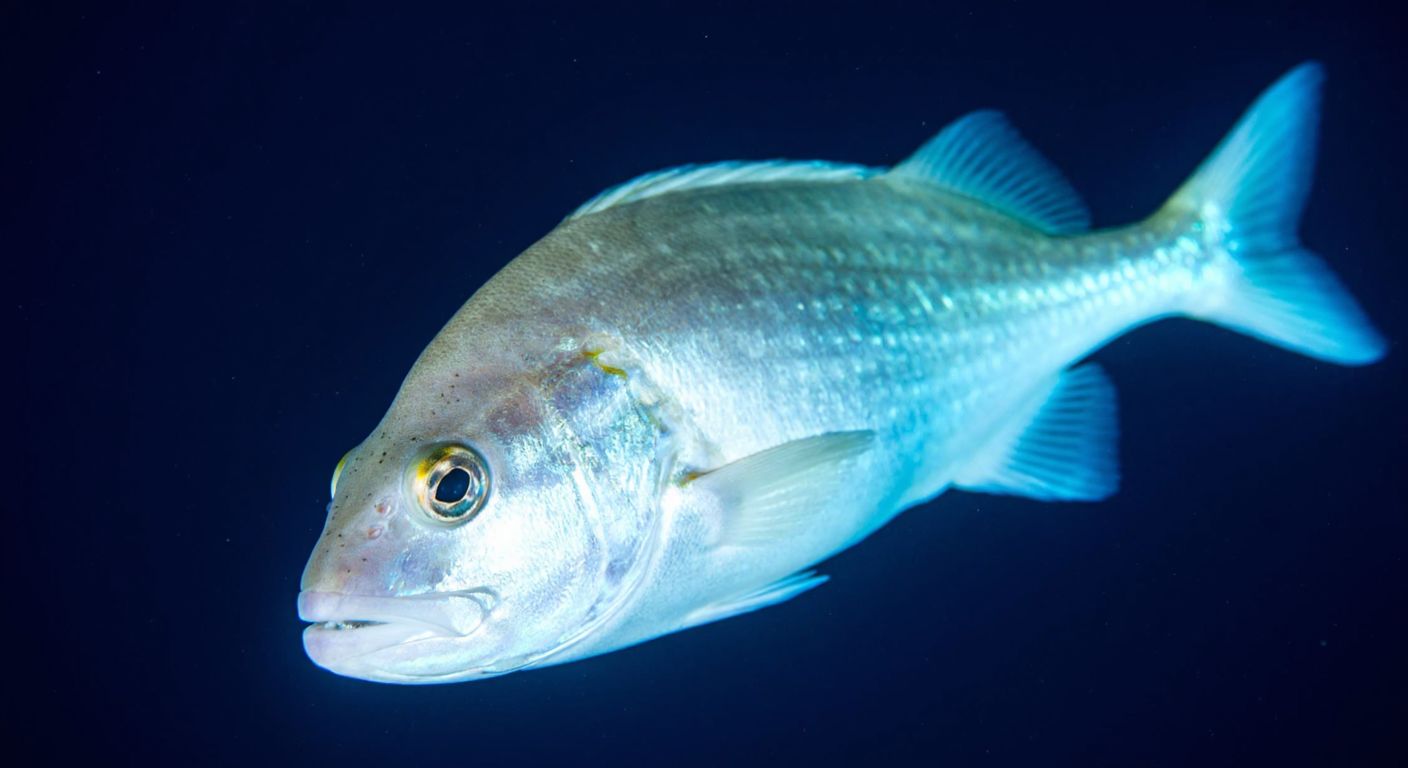 A deep-sea fish with glowing eyes swims gracefully through dark blue water, its scales faintly shimmering as it detects vibrant hues invisible to human sight.