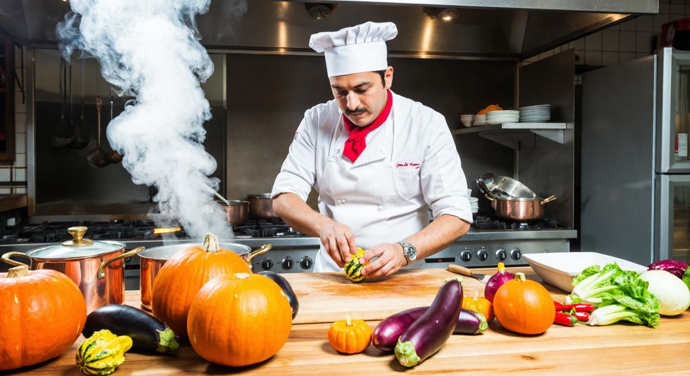 A Turkish chef in a bustling kitchen, wearing a white apron and a toque, carefully arranging vibrant autumn vegetables like pumpkins and eggplants on a wooden counter, with steam rising from a copper pot on the stove.