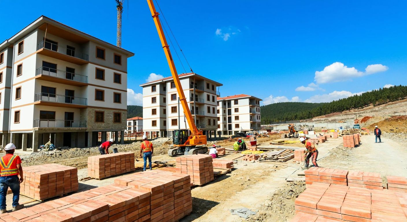 A bustling construction site in Tosya with workers in hard hats assembling modern TOKİ buildings under a bright blue sky, surrounded by stacks of bricks and construction materials.