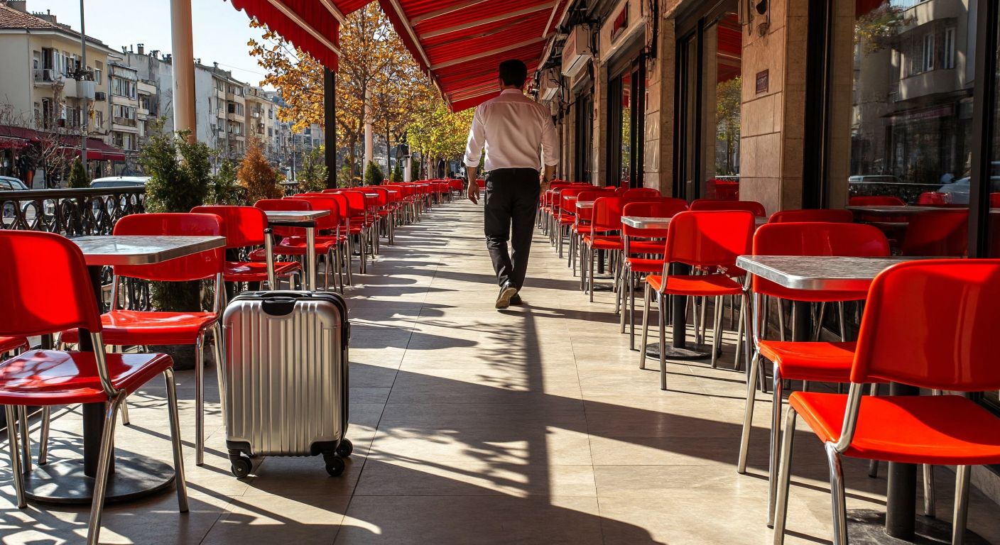 A sunlit Turkish café terrace with a row of bright red plastic chairs on one side and sleek silver metal chairs on the other, their surfaces reflecting light differently, while a waiter pauses mid-step as if deciding which to carry inside.