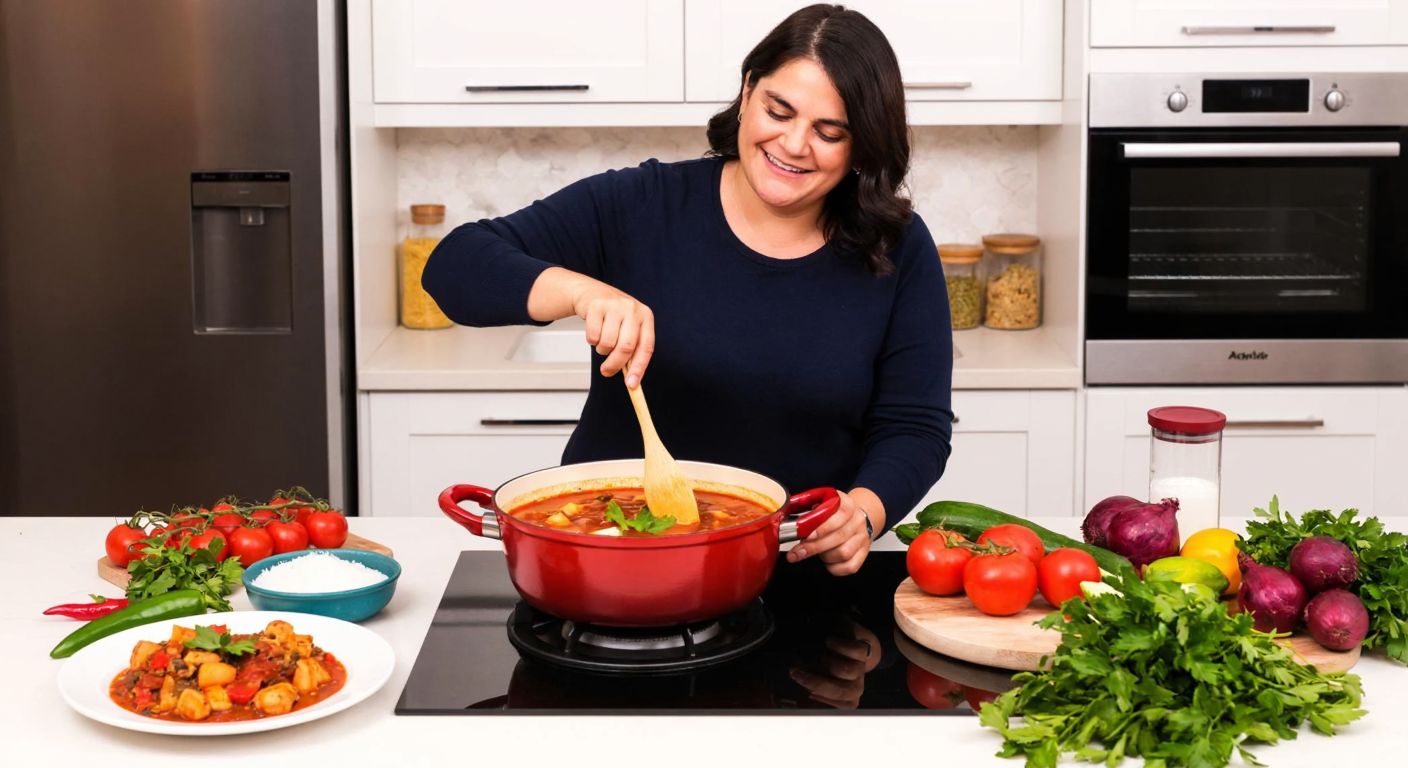 A warm Turkish kitchen with Refika Birgül smiling as she stirs a vibrant pot of stew, surrounded by fresh ingredients and an Arçelik stove in the background.