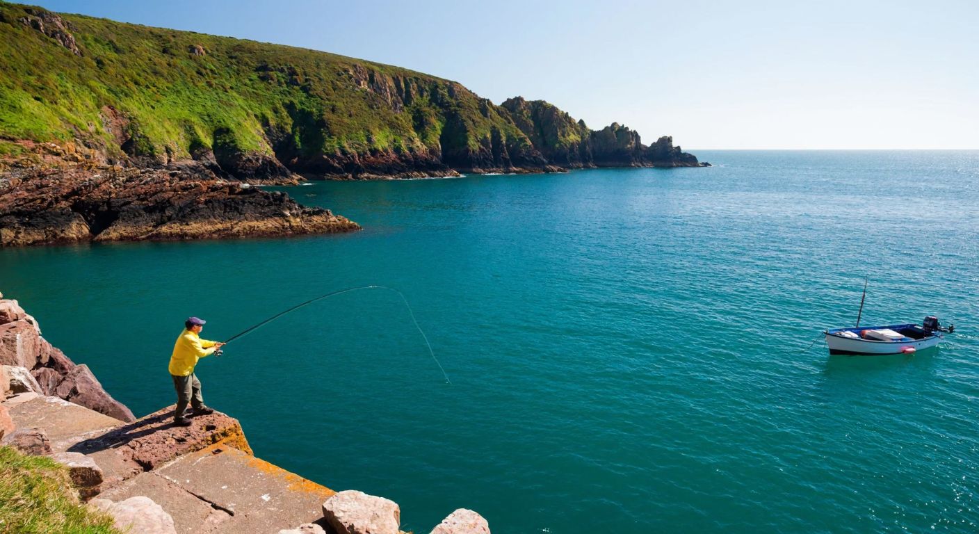 A serene coastal scene with a lone fisherman casting a line from a rocky pier into the turquoise waters of Jersey, surrounded by lush green cliffs and a small fishing boat anchored nearby.