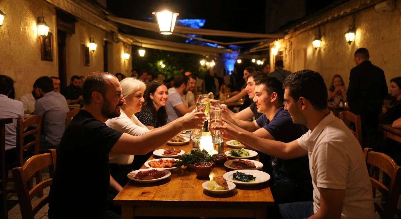 A lively meyhane in Mostar with wooden tables, flickering lantern light, and patrons clinking glasses of rakı alongside plates of meze.