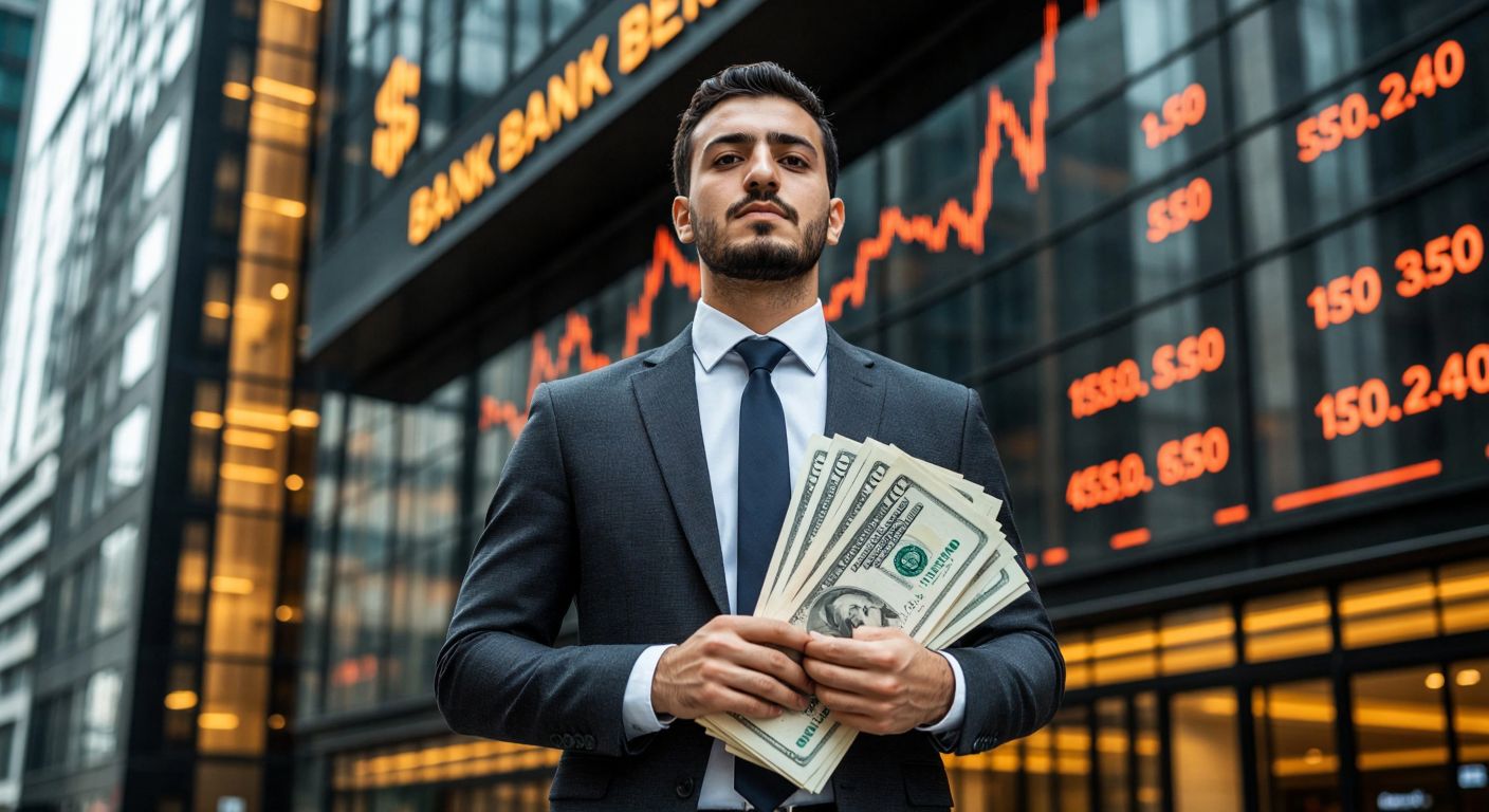 A Turkish businessman in a crisp suit stands confidently in front of a modern bank building, holding a stack of bond certificates while a digital stock ticker reflects financial activity in the background.