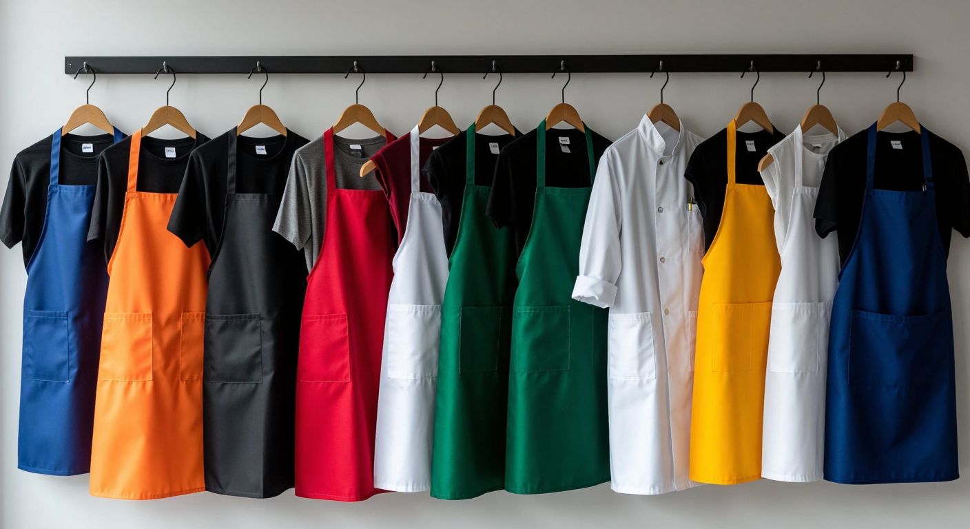 A neatly arranged row of various work aprons—waterproof, box-style, lab coats, and chef aprons—hanging on hooks in a bright Turkish workshop, each designed for different professions like cooking, lab work, or construction.