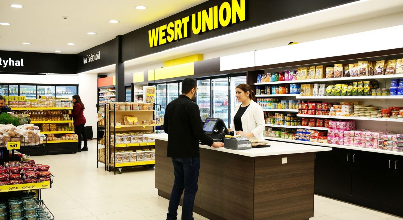 A bustling Turkish hypermarket with a Western Union sign, shelves stocked with local goods, and a friendly cashier assisting a customer at the counter.