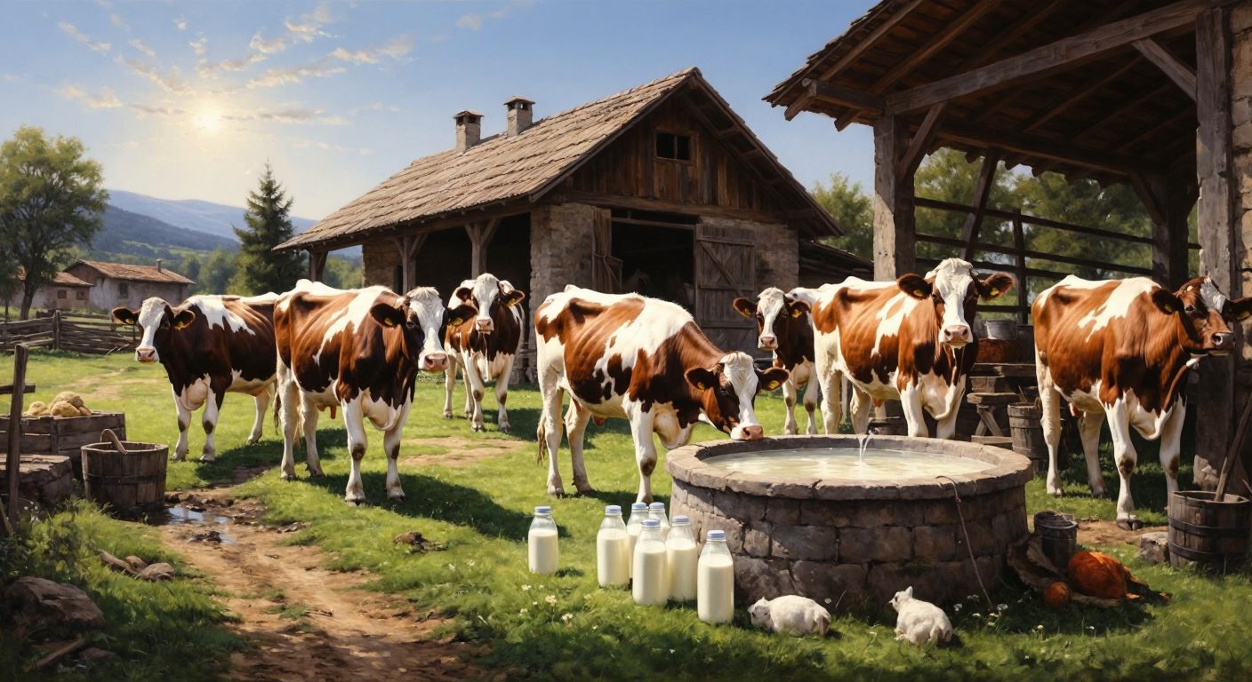 A sunlit Turkish dairy farm with happy cows grazing on lush green pastures, a wooden barn in the background, and fresh milk bottles lined up near a traditional stone well.