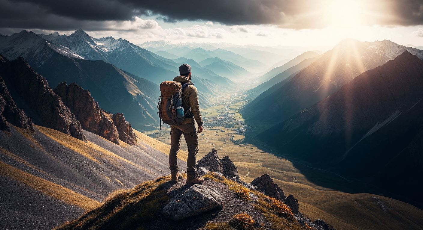 A rugged Turkish hiker with a backpack stands atop a sunlit mountain peak, gazing at a vast valley below with a mix of determination and awe.