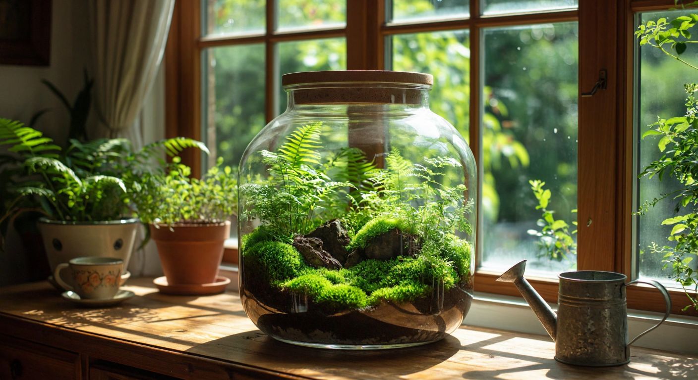 A lush, glass terrarium filled with vibrant green moss and delicate ferns sits on a wooden table by a sunlit window in a cozy Turkish home, with a small watering can nearby.