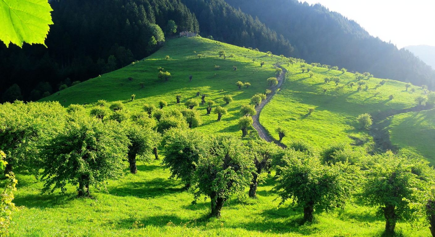 A lush green hillside in Trabzon or Giresun, dotted with hazelnut trees bearing clusters of Çakıldak hazelnuts, under a soft golden sunlight.