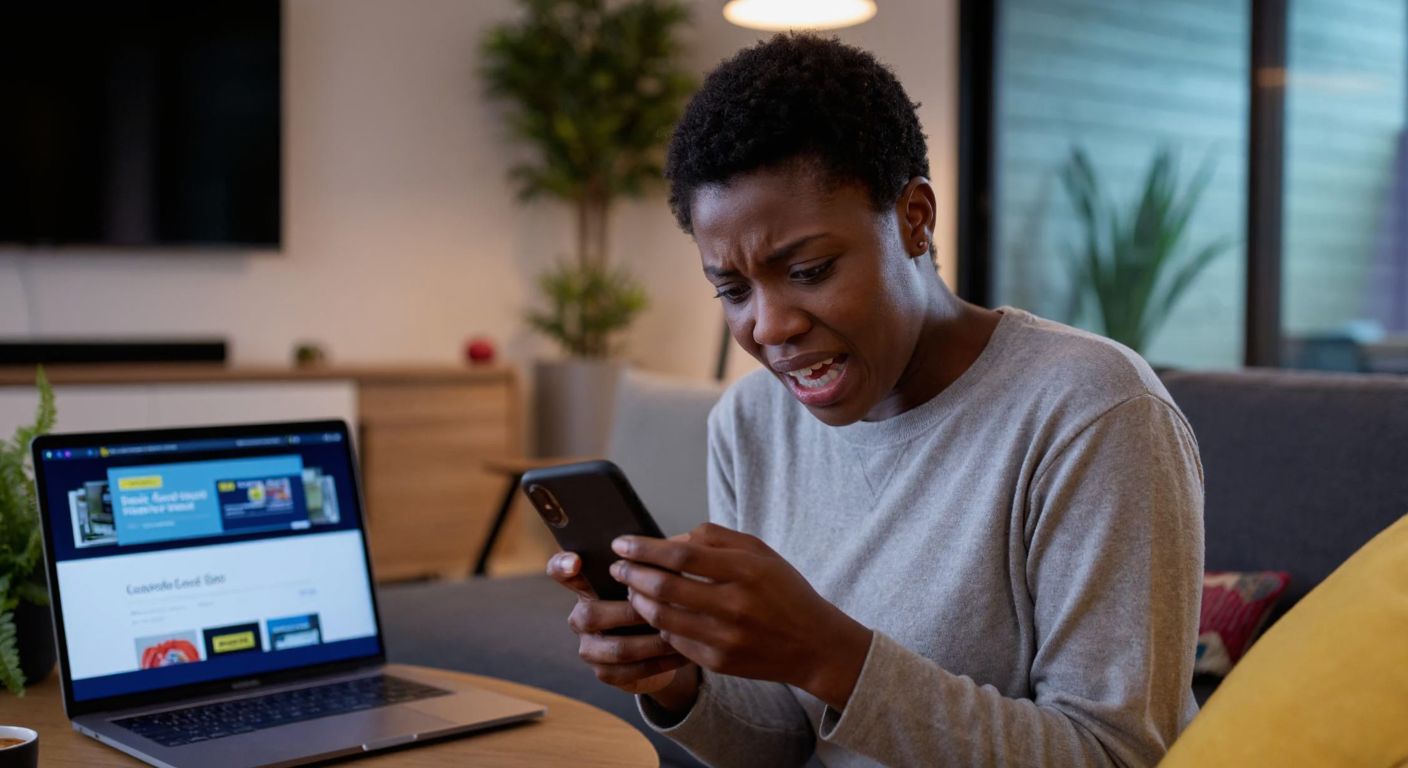 A frustrated person in a modern home setting holds a smartphone while staring at a laptop screen displaying a Best Buy order page, with a relieved expression as they imagine a canceled order confirmation.
