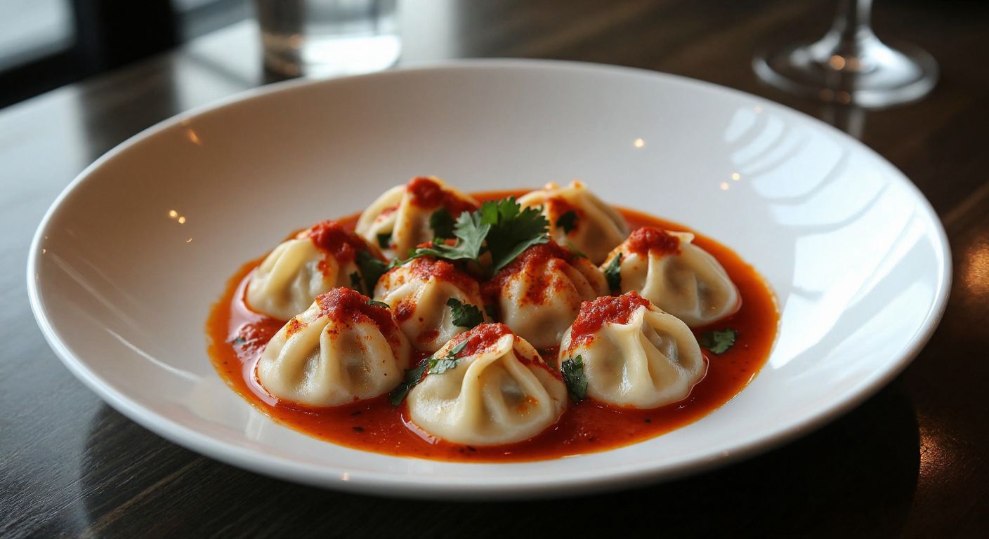 A sleek, dimly lit restaurant table in Istanbul holds a modern twist on traditional Turkish *mantı*—delicate dumplings drizzled with smoked yogurt cream, tomato sauce, and chili flakes, artfully arranged on a minimalist white plate.