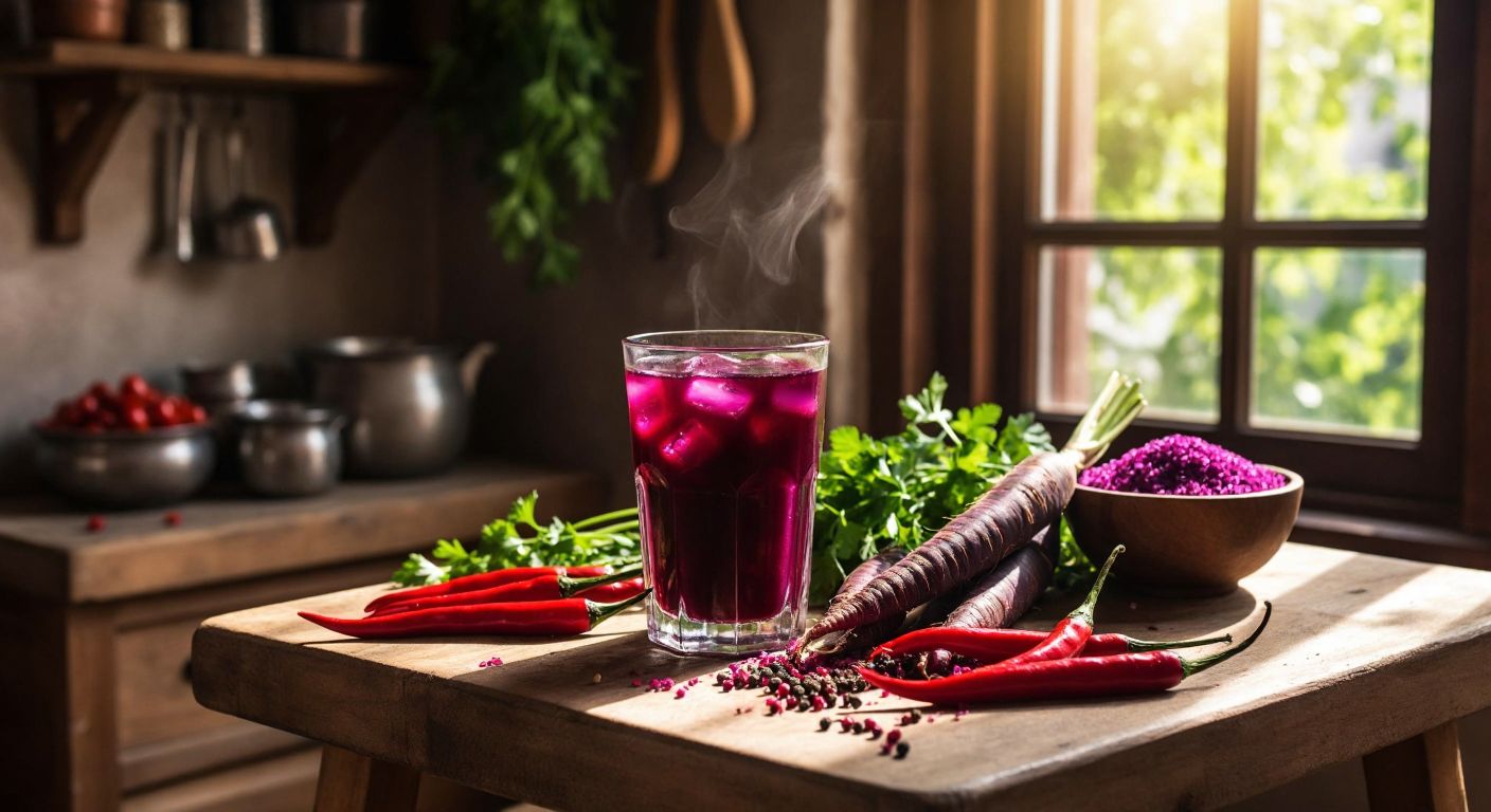 A rustic wooden table in a sunlit Turkish kitchen holds a glass of deep purple Adana şalgamı next to fresh black carrots, bulgur, and chili peppers, evoking authenticity and tradition.