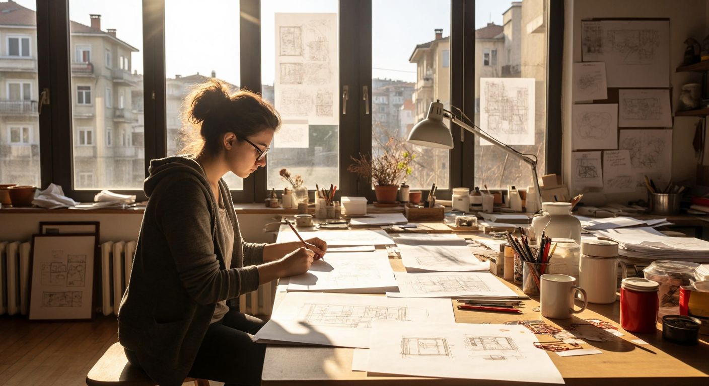 A focused Turkish designer in a sunlit Istanbul workshop sketches ideas on paper, surrounded by scattered prototypes, research notes, and a steaming cup of çay, embodying the iterative design process.
