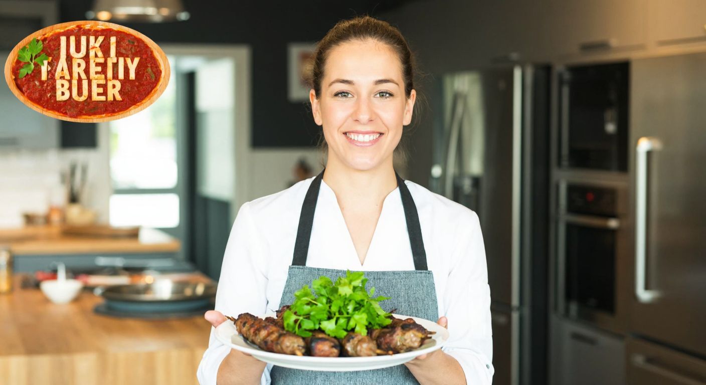 A smiling woman in a chef's apron stands proudly in a bright kitchen studio, holding a plate of sizzling Turkish kebabs garnished with fresh herbs, surrounded by a panel of judges nodding in approval.
