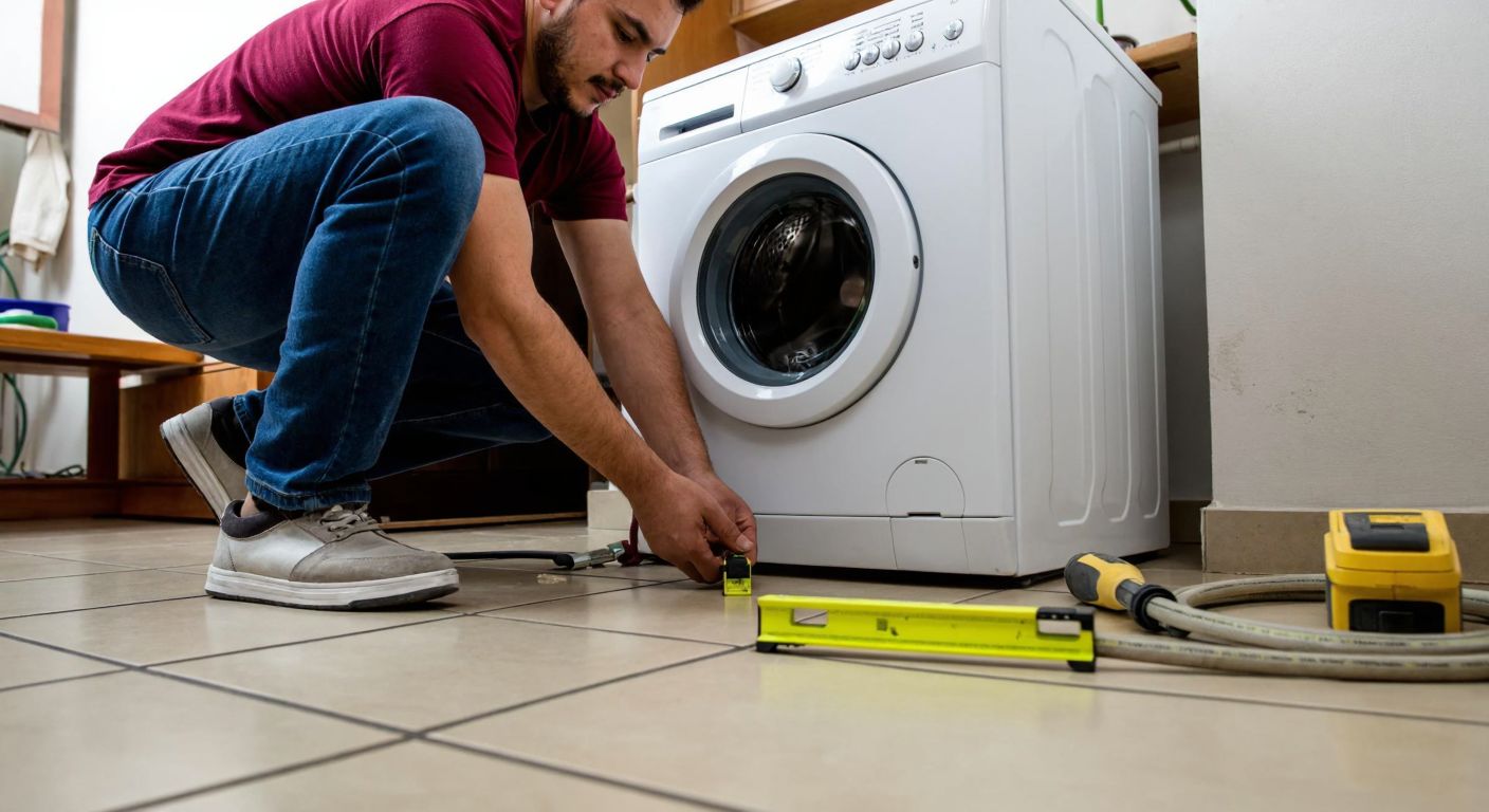 A person in a Turkish home carefully adjusting the leveling feet of a white Ariston washing machine on a tiled floor, with a spirit level nearby and water hoses loosely coiled on the ground.