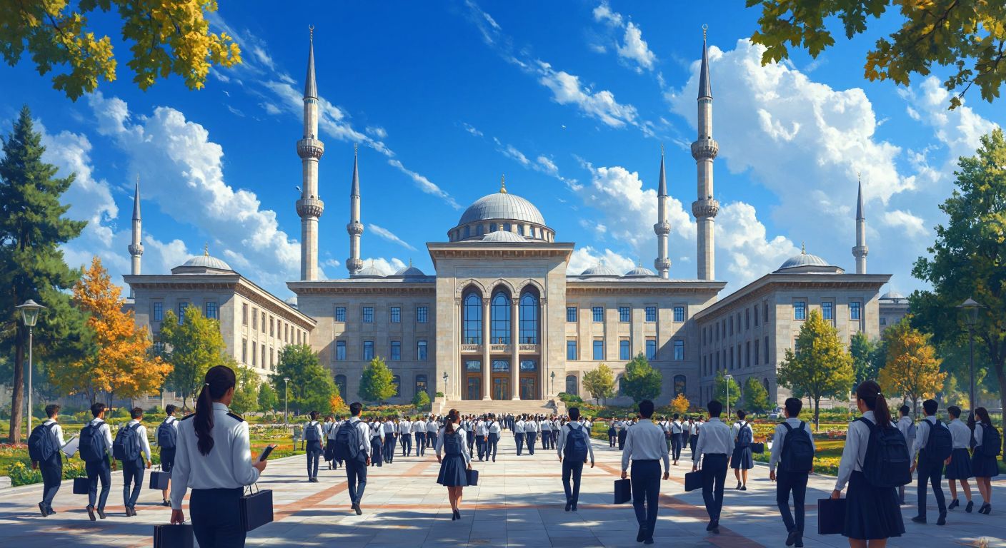 A grand university building with a modern facade, surrounded by students in uniforms carrying books, under a bright blue sky with the silhouette of Istanbul's minarets in the distance.