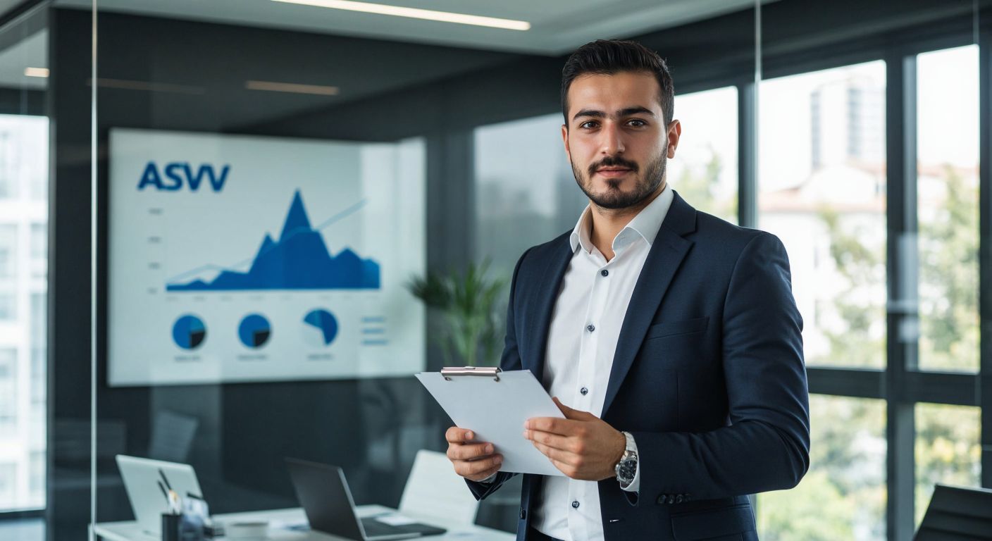 A modern Turkish businessman in a sleek office confidently presenting a financial chart, with the ASV Holding logo subtly displayed on a glass wall behind him.