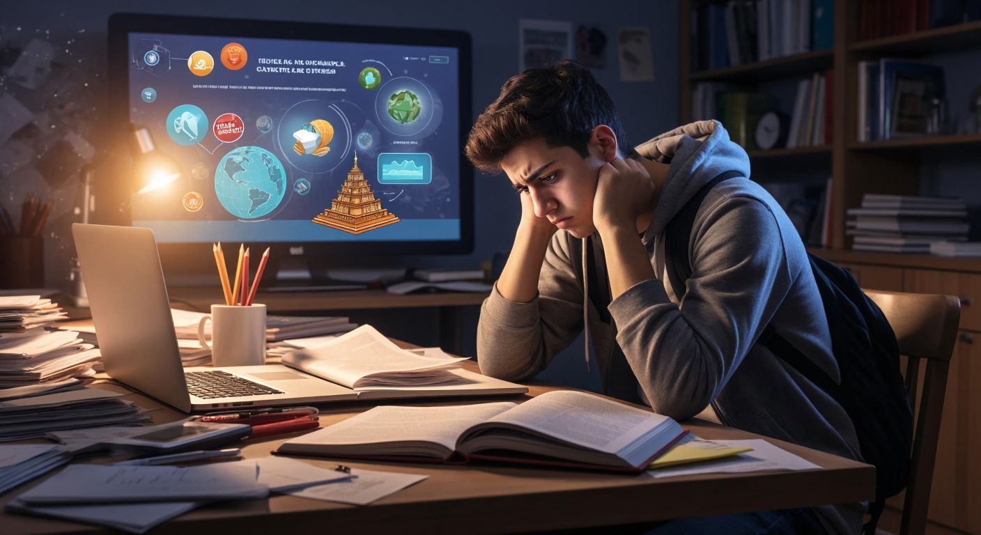 A frustrated Turkish student sits at a wooden desk with an open English textbook, surrounded by scattered papers, while a glowing laptop screen displays a webpage with colorful educational icons.