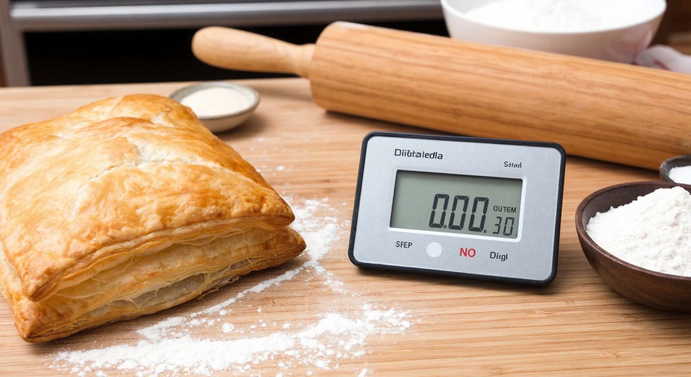 A golden, flaky milföy pastry rests on a wooden kitchen counter, with a small kitchen scale beside it showing a weight between 80-100 grams, surrounded by flour-dusted rolling pins and baking ingredients.