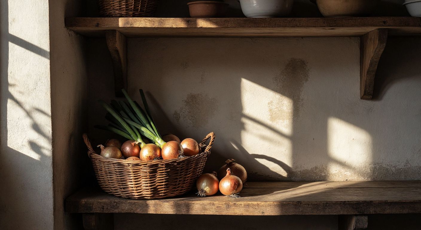 A rustic Turkish kitchen with a woven basket of fresh onions resting on a wooden shelf in a cool, shadowy corner, away from sunlight and potatoes.