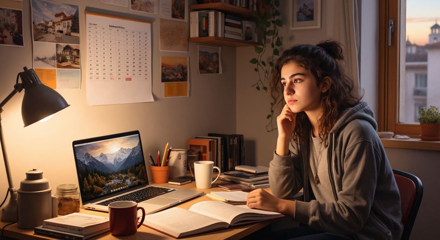A young Turkish student in a cozy home study corner, surrounded by open textbooks and a laptop, looking thoughtfully at a calendar pinned to the wall.
