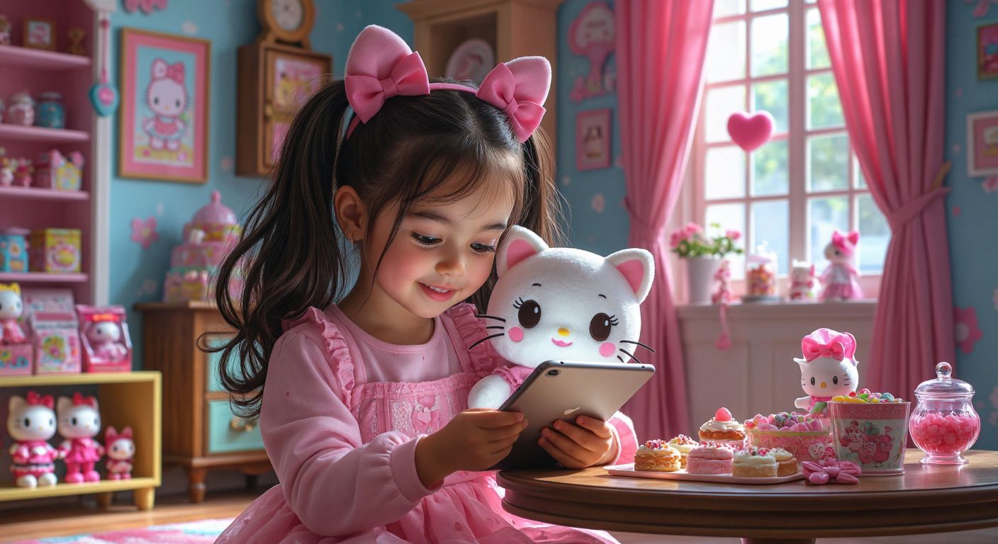 A cheerful young girl in a colorful room holds a plush Kuromi toy while browsing a tablet, surrounded by Hello Kitty merchandise and Turkish delight on a small table.
