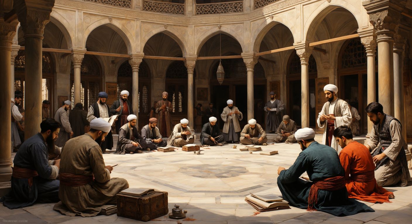 A grand Ottoman-era courtyard with young students in traditional kaftans studying under the guidance of turbaned scholars, surrounded by scrolls, musical instruments, and architectural sketches.