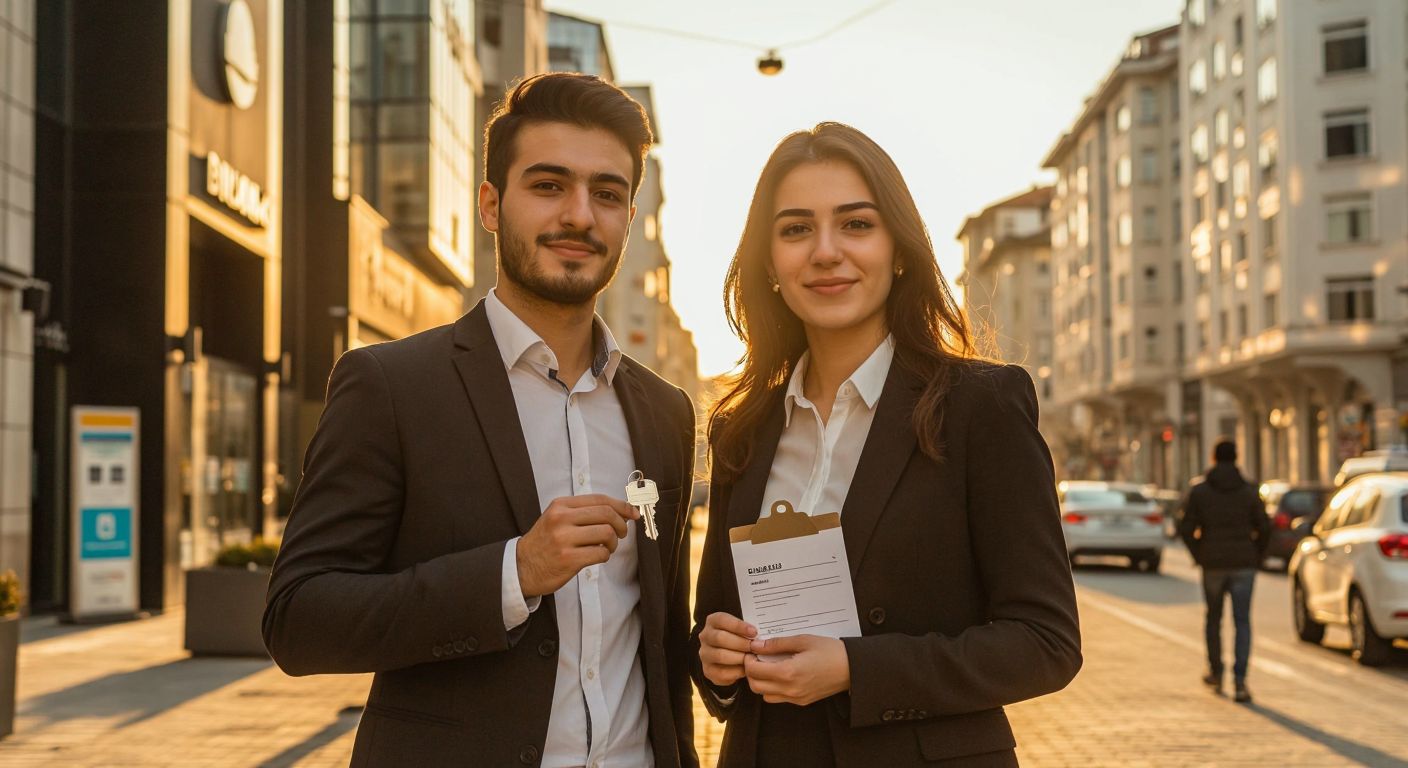 A young Turkish couple in business attire stands confidently in front of a modern bank, holding house keys and a small business contract, with a warm sunset casting golden light over a bustling Istanbul street.