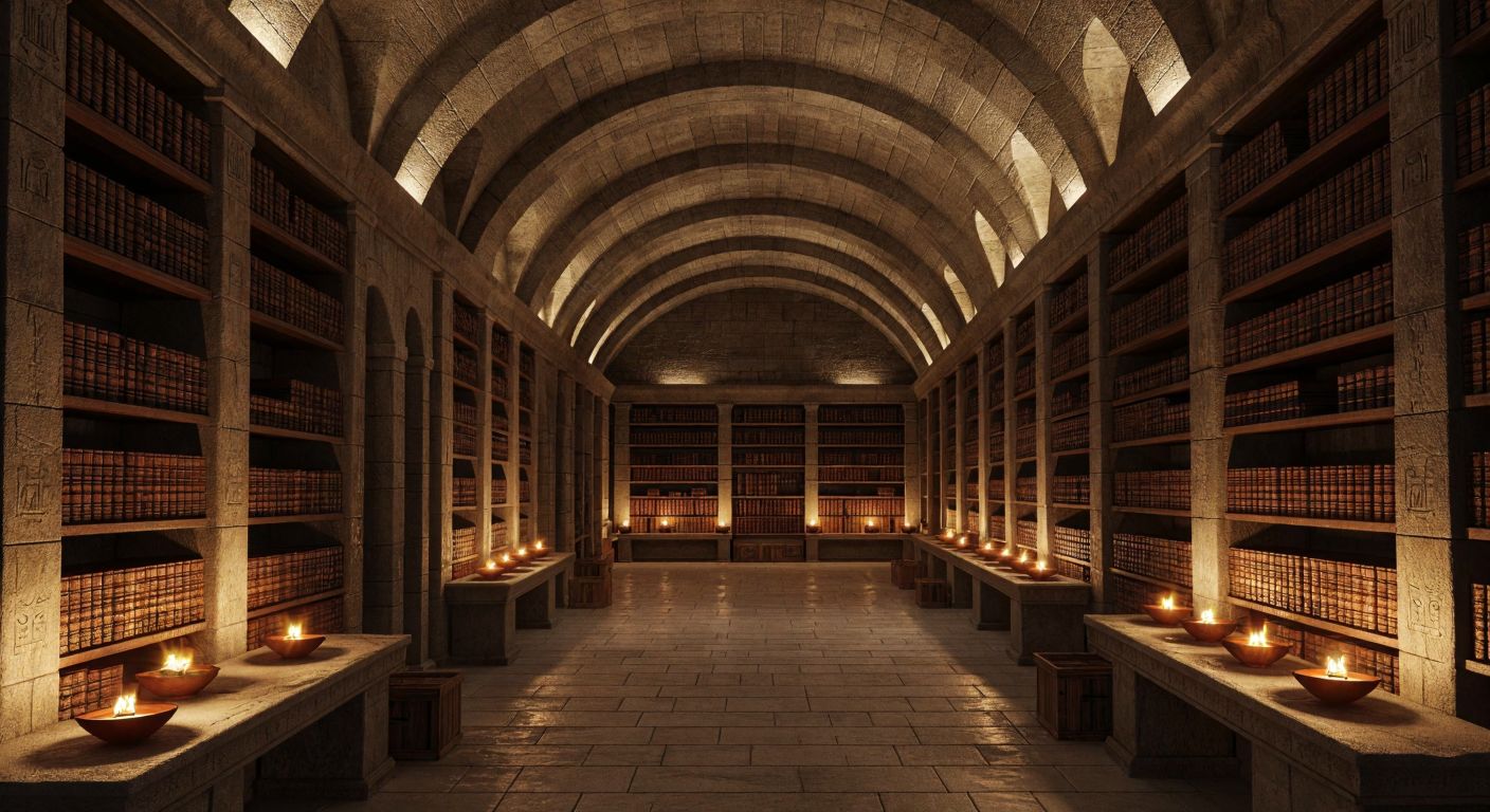 A grand ancient Assyrian library with towering clay shelves filled with cuneiform tablets, illuminated by flickering oil lamps, under a vaulted stone ceiling.