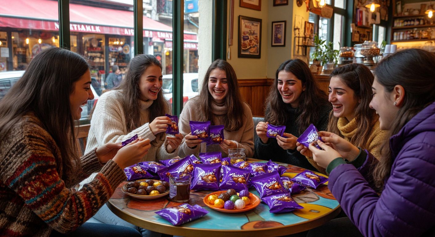 A colorful table in a cozy Turkish café, scattered with various Milka bonbon packages—some in triple packs, others in small pouches—surrounded by happy friends sharing and tasting the chocolates with delighted expressions.
