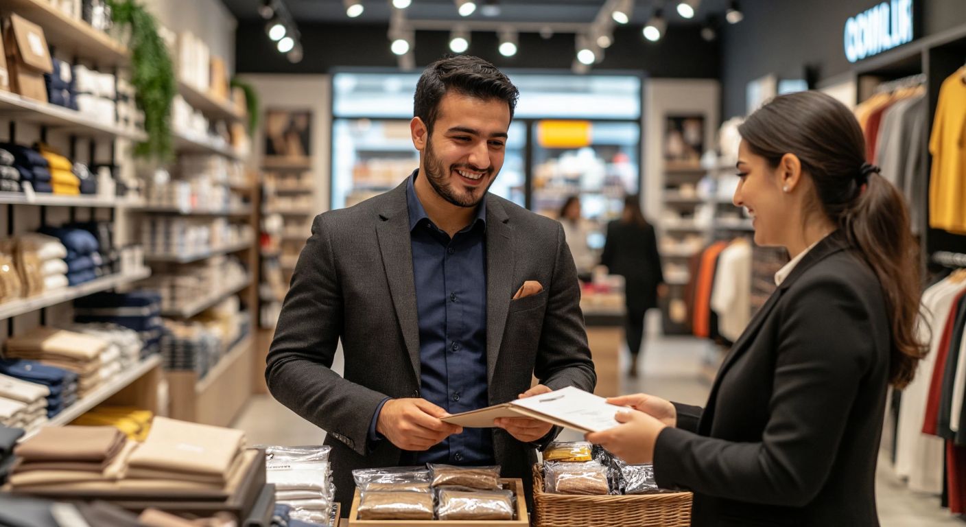 A well-dressed store manager in a bustling Turkish retail shop, confidently guiding employees, checking inventory, and warmly assisting a customer with a smile.