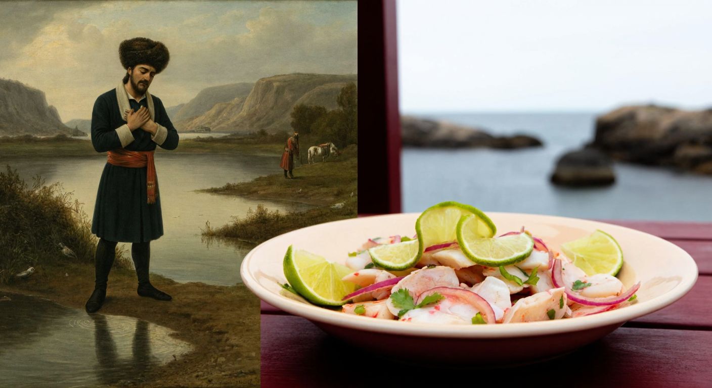 A split image: on one side, a stormy Ottoman-era scene with a melancholic figure clutching their chest near a murky pond, and on the other, a vibrant plate of fresh ceviche with lime slices and red onions, set against a coastal backdrop.