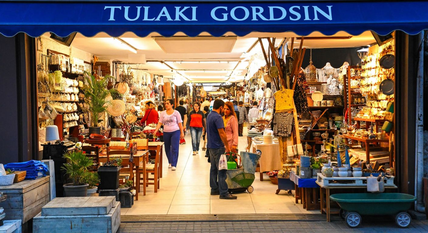 A bustling Turkish marketplace with colorful displays of home decor, furniture, and garden tools under a bright awning, surrounded by shoppers examining products.