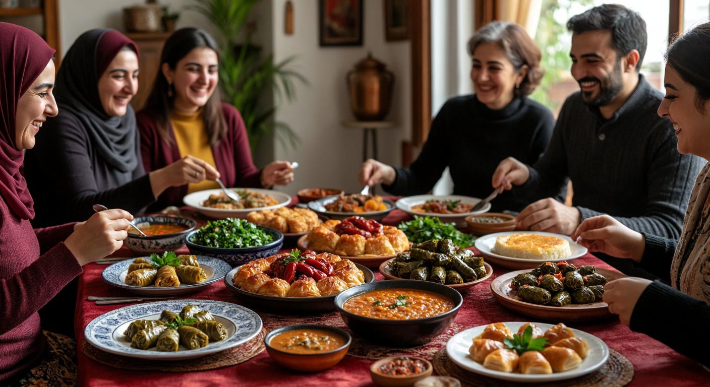A warm Turkish dining table laden with colorful dishes like lentil soup, stuffed grape leaves, and baklava, surrounded by smiling people of diverse ages sharing food, their faces glowing with joy and connection.