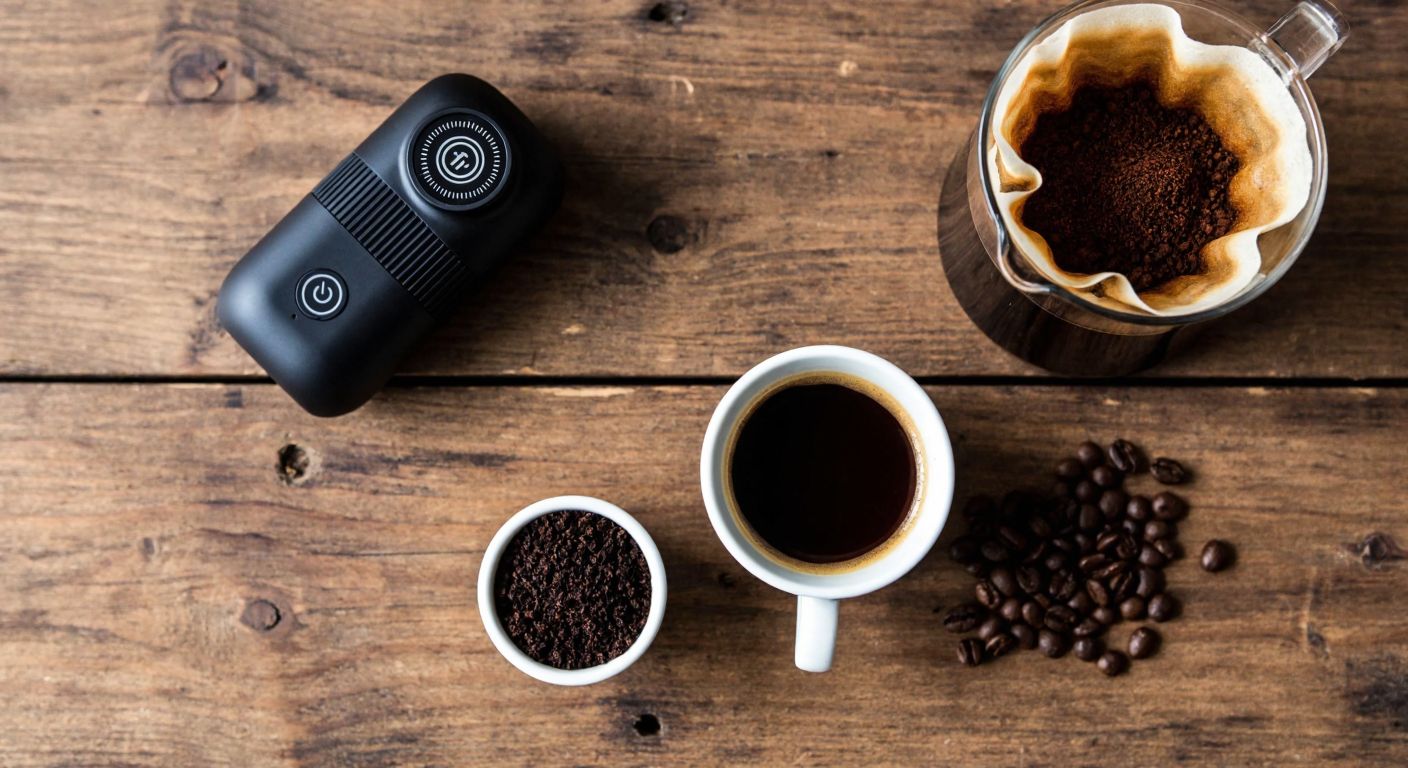 A compact Nanopresso device sits on a rustic wooden table beside a small cup of rich espresso, a steaming Americano, and a delicate glass of filter coffee, with finely ground coffee beans scattered nearby.