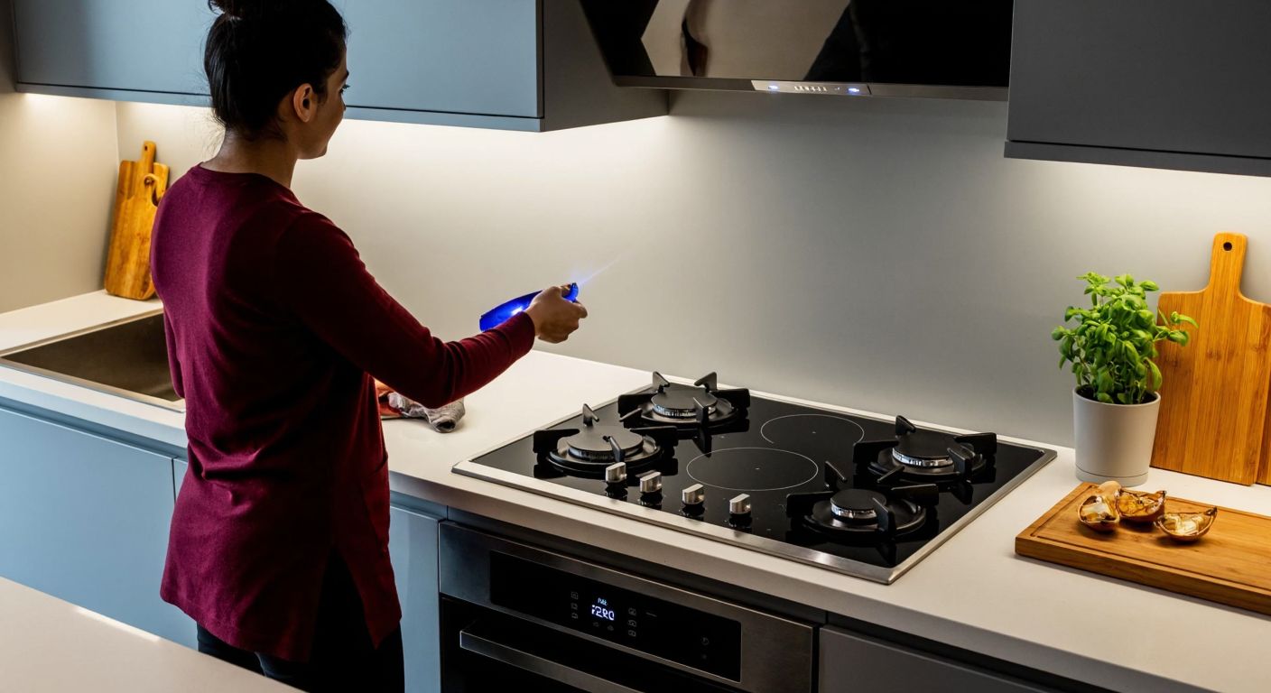 A modern Turkish kitchen with two sleek built-in cooking sets side by side—one with gas burners and a blue flame, the other with smooth electric induction plates—while a thoughtful homeowner stands between them, comparing their features.