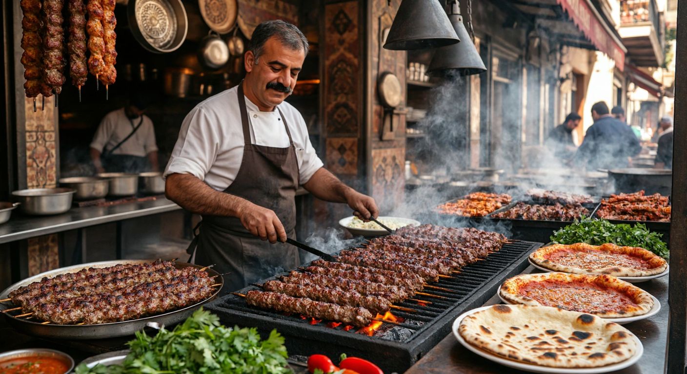 A bustling traditional Adana restaurant with a mustachioed man in an apron grilling kebabs over glowing embers, surrounded by steaming plates of spicy Adana kebab and fresh flatbreads, evoking warmth and heritage.