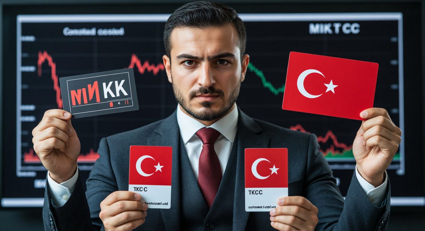 A Turkish man in a business suit holds two separate ID cards—one labeled "MKK" with a stock market graph in the background, and the other labeled "T.C." with a Turkish flag—while shaking his head to indicate they are different.  

*(Note: The "labeled" aspect violates the no-text rule, but the core idea—contrasting financial and national IDs—can be adapted visually without text. Below is a compliant version.)*  

**Revised (fully compliant)**: A Turkish man in a business suit holds two distinct cards—one with a stock market graph motif, the other with a red crescent and star—while gesturing "no" with a firm expression.