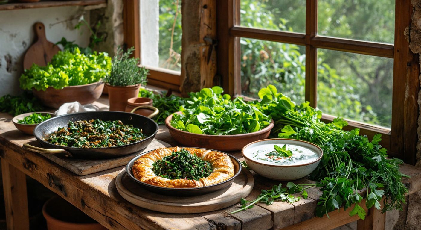 A rustic wooden table in a sunlit Aegean kitchen holds a vibrant spread: a sizzling pan of sautéed kaz ayağı otu, a golden-brown börek filled with greens, a fresh salad drizzled with garlic-infused yogurt, and a steaming bowl of herbal soup, all surrounded by bunches of freshly picked wild greens.
