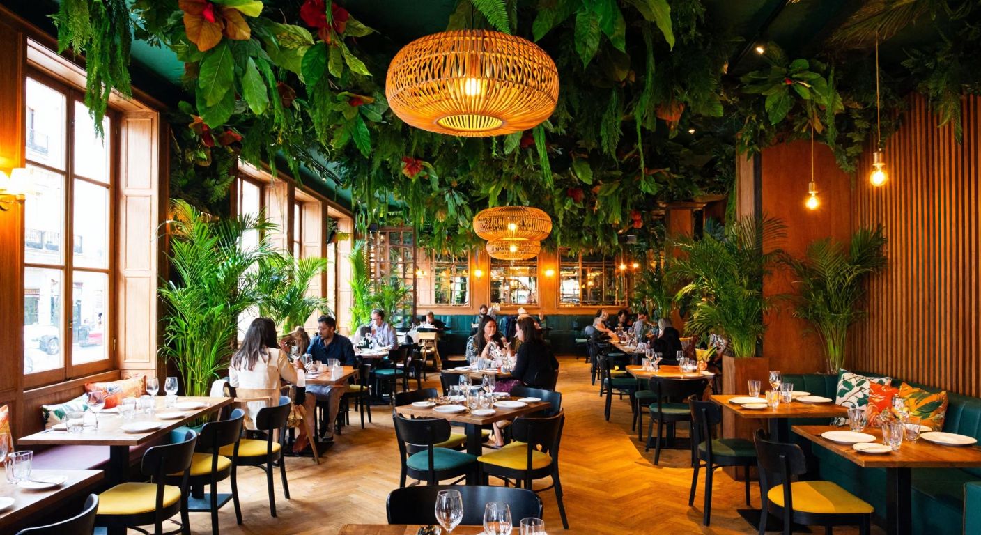 A vibrant tropical-themed restaurant interior with lush greenery, warm wooden decor, and a lively atmosphere, set in Madrid with elegantly dressed diners enjoying exotic dishes.