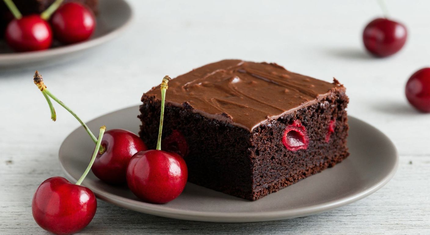 A single, moist slice of Eti Browni Gold cherry-filled chocolate cake sits on a small plate, with a few fresh cherries beside it, evoking indulgence and sweetness.