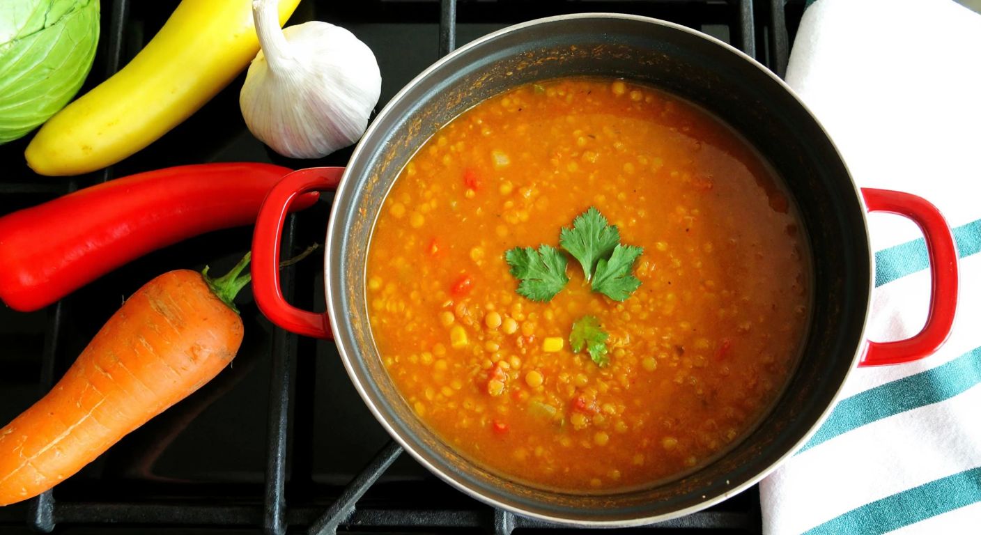 A steaming pot of Turkish lentil soup with vibrant orange hues fading to a dull brown, surrounded by fresh vegetables losing their color and nutrients under the heat of a glowing stove.