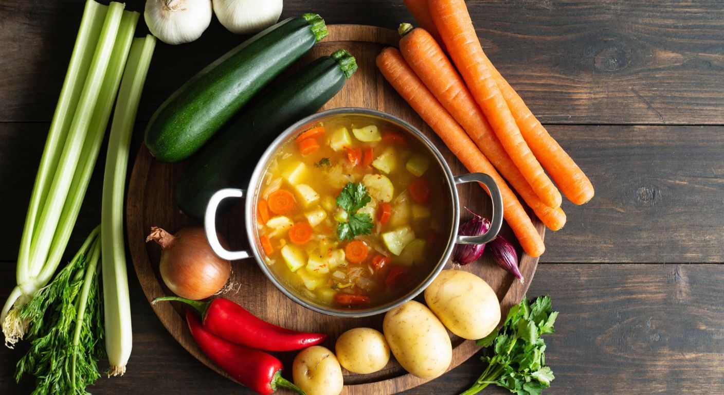 A rustic wooden table in a Turkish kitchen displays fresh zucchini, carrots, red peppers, celery stalks, onions, and potatoes arranged neatly around a steaming pot of soup.